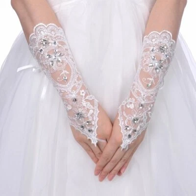 Brauthandschuhe fingerlos Braut Handschuhe Pailletten Strass Hochzeit Weiß Ivory - Bild 1 von 4