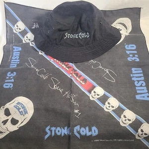 Vintage Stone Cold Steve Austin WWF Black Bucket Hat and Bandana Handkerchief - Picture 1 of 5