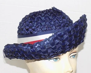 Vintage Navy Blue Woven Straw Brimmed Hat Red White Blue Ribbon Trim - Picture 1 of 7