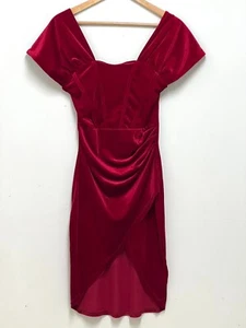 Women's Burgundy Red Velvet Draped Split Bodycon Midi Off Shoulder Dress Size S - Picture 1 of 11