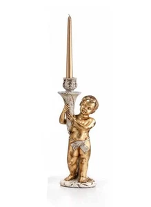 PUTTO ANGELO PORTACANDELA BATTISTA DESTRO IN CERAMICA FOGLIA ORO SOPRAMMOBILE - Imagen 1 de 1