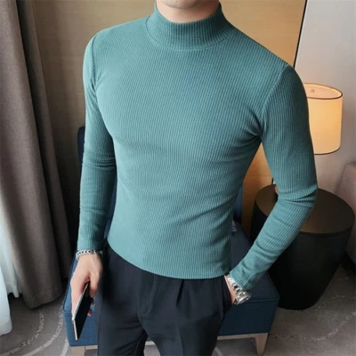 Plus Size Turtleneck Tee Shirt Homme Long Sleeve Casual Striped Slim T-Shirts - Image 1 of 4