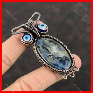 Copper Oval Natural Pietersite Blue Color Evil Eye Owl And Wire Wrapped Pendant - Picture 1 of 6
