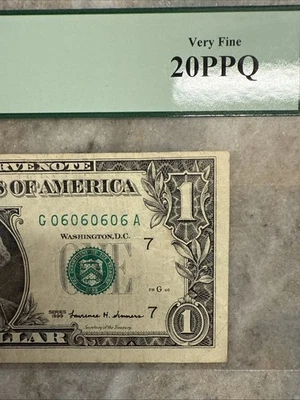 Super Repeater Fancy Serial Number, 1999 $1 FRN S/N 06060606 PCGS20PPQ - Image 1 of 4