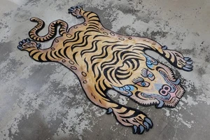 Yellow 3x5 Ft Tibetan Tiger Rug Animal Print Tufted Area Rug With 100% Pure Wool - Picture 1 of 6