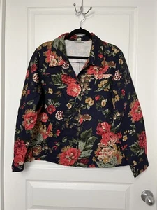 Appleseeds Floral Navy Button Up Cotton Stretch Jacket Womens XL - Picture 1 of 6