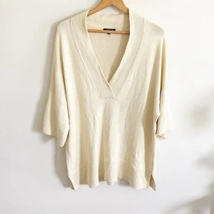 LAFAYETTE 148 cream COTTON-SILK V-NECK BLOUSON SLEEVE SWEATER size large - Picture 1 of 6