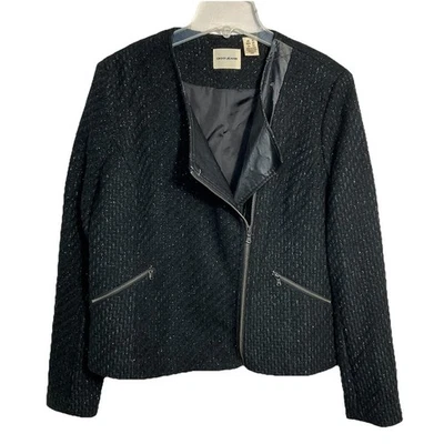 Chaqueta DKNY para mujer talla 16 negra Moto mezcla de lana plateada brillante cremallera elegante *ver Foto 1 de 4