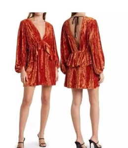 Topshop Balloon Sleeve Velvet Mini Dress Size 4 Terracotta - Picture 1 of 5