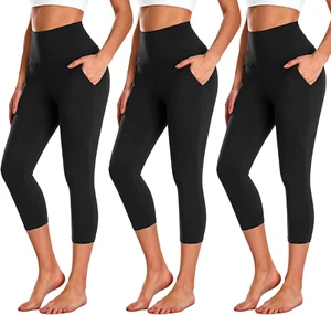 3 Pack Capri Leggings for Women with Pockets-High Waisted Tummy Control Workout - Picture 1 of 19