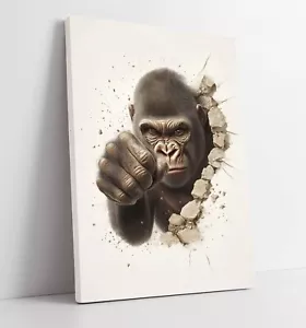 GORILLA PUNCHING HOLE THROUGH WALL -DEEP FRAMED CANVAS WALL ART PICTURE PRINT - Picture 1 of 2