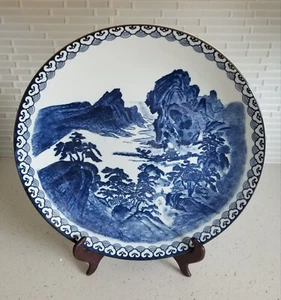 Antique Chinese Signed Blue White Ceramic Porcelain Landscape Charger 14"×2" - Picture 1 of 9