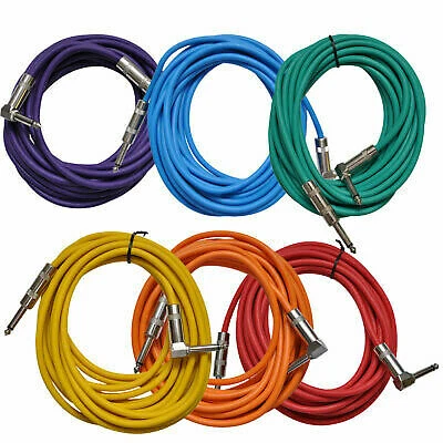 6 Pack of Colored 20 Foot Right Angle to Straight Guitar Instrument Cables - Image 1 of 4