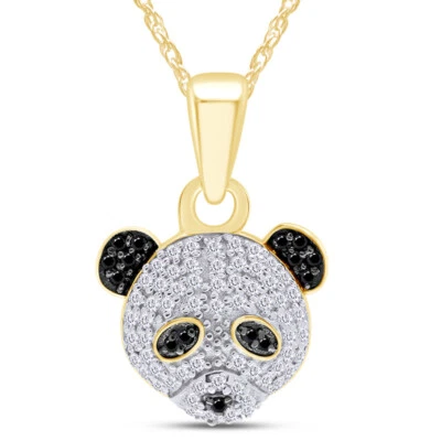 1/10Ct Black & White Real Diamond Panda Pendant 18" Chain 14k Yellow Gold Plated - Image 1 of 4