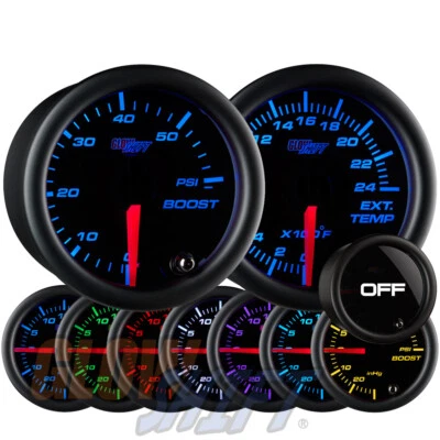 52MM GLOWSHIFT TINTED 7 COLOR 60PSI BOOST & 2400 EXHAUST GAS TEMP EGT GAUGE SET - Image 1 of 4