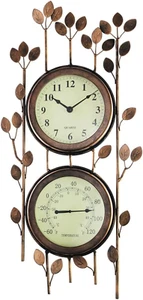 Two-In-One Leaf Design Metal Clock & Thermometer Indoor Outdoor Decoration - Picture 1 of 12