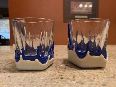 Maker's Mark Etched/Dipped Blue & white  Wax Lowball Glasses set of 2 - Image 1 of 3