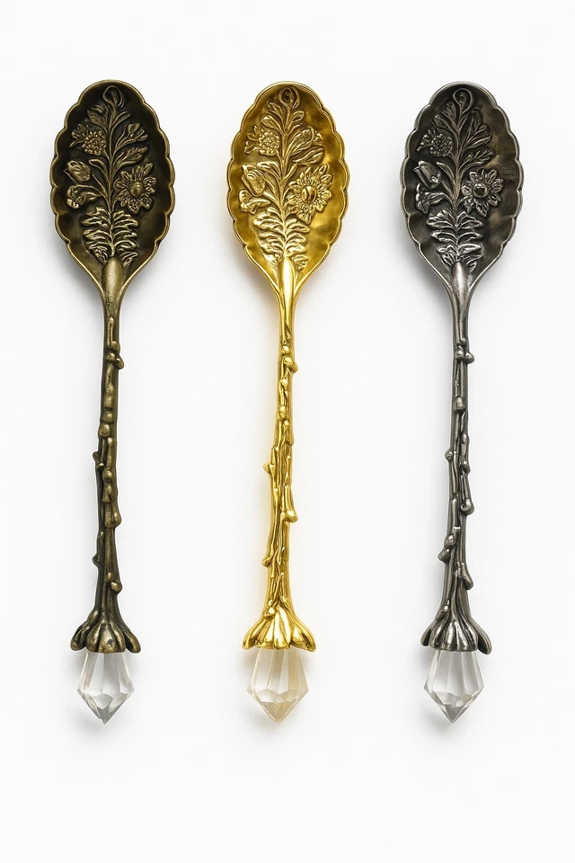 Juego de 3 cucharas de té ornamentadas con mango de cristal dorado plata negro caja de regalo Foto 1 de 4