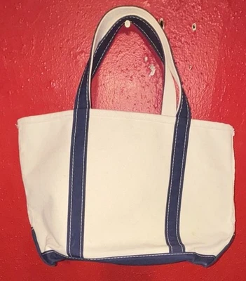 Bolso LL Bean Boat And Tote Mediano de Lona Beige Azul Marino Top Abierto De Colección Años 80 EE. UU. Foto 1 de 4