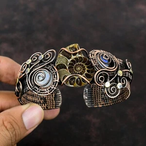 Women's Day Gift Ammonite Fossil Wire Wrapped Adjustable Cuff Copper For Women - Picture 1 of 6