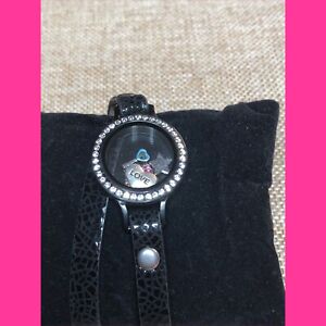 Origami Owl Bracelet Genuine Leather Wrap (7.5-8.5") Black w/ locket and charms