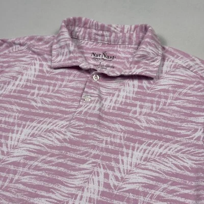 Nat Nast Men’s Polo Shirt Hawaiian Palm Branches Short Sleeve Pink White Large - Image 1 of 4