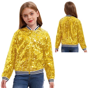 Kids Girl's Shiny Sequin Jacket Long Sleeve Front Zipper Baseball Bomber Coat - Picture 1 of 71