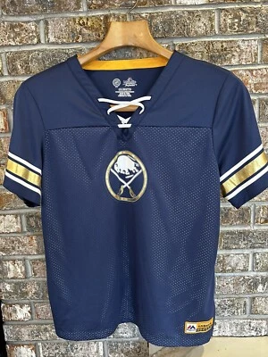 Футболка женская Buffalo Sabers 2XL синяя с блестками с надписью логотипом на шнуровке топ НХЛ - Изображение 1 из 4