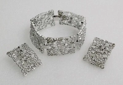 Vintage Signed EMMONS Silver Tone Panel Bracelet and Clip On Earrings Set - Image 1 of 4