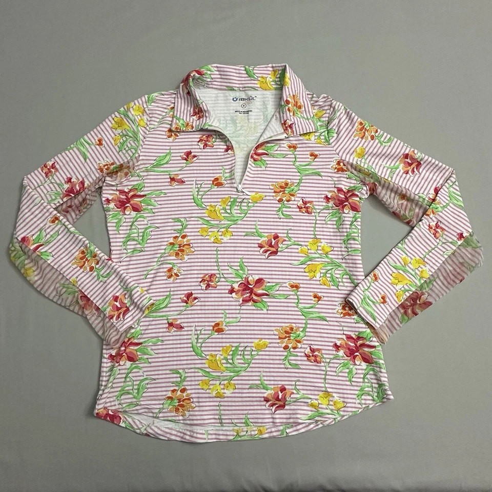 IBKUL Top Mujer Pequeño S 1/4 Cremallera UPF Manga Larga Rosa Floral Malla Golf Pickleball Foto 1 de 4