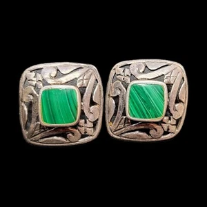 Malachite Square Filigree Earrings Hollow Carved Out Design 925 Sterling Silver - Picture 1 of 7