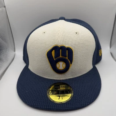 New Era 59FIFTY Milwaukee Brewers Azul/Blanco Térmico Frontal Ajustado Sombrero 7 1/2 Foto 1 de 4