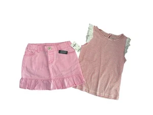 Toddler Girl OshKosh B'gosh Striped Eyelet Top And Pink Denim Skirt NWT Size 4T - Picture 1 of 3