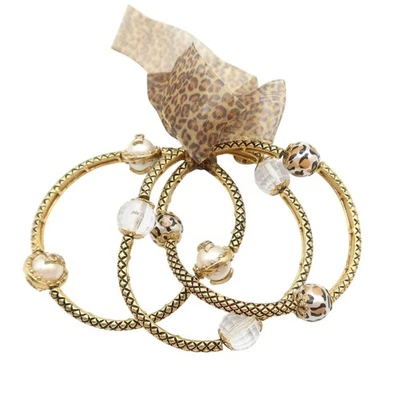 BETSEY JOHNSON Gold Tone Stretch Bracelet Set of 3 NWOT Pearl Leopard Bead Love - Image 1 of 4