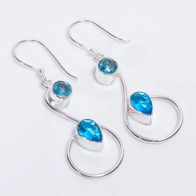 Blue Topaz Gemstone Ethnic Handmade 925 Sterling Silver Earrings 2.1" S840 - Image 1 of 4