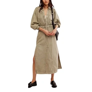 Free People Denim Maxi Dress Button Front Long Sleeve Puff Shoulder Gray Size S - Picture 1 of 11