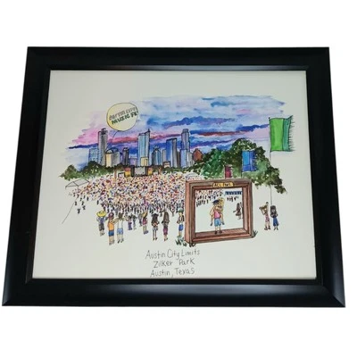 Austin City Limits Music Festival Watercolor Painting Zilker Park Framed Signed  - Image 1 of 4