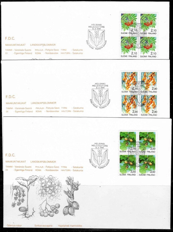 Finland 1991 Fruit, Trees, Oak, Buckthorn & Rowan, BLOCKS OF 4, First Day Covers - Image 1 of 1
