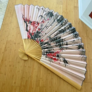 Asian Fan Wall Art Pink Bamboo with Cherry Blossoms - Bamboo 35" Large Folding - Picture 1 of 11