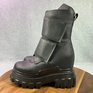 Chunky Platform Strap Boots Womens 9.5 Black Mid Calf Lug Sole Goth Faux Leather - Picture 1 of 16