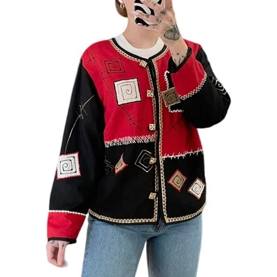 VTG Patchwork Embroidered Top Sz M Red Black Long Sleeve Funky Abstract Linen - Image 1 of 4