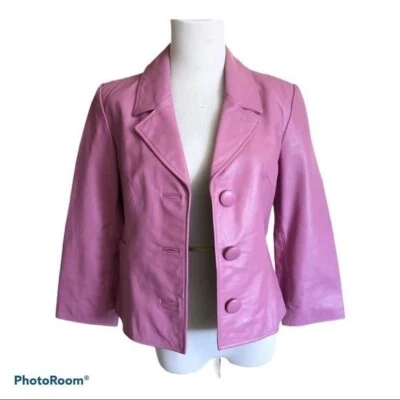 INC Y2K pink 100% leather lined cropped Moto BARBIE  jacket blazer M - Image 1 of 4
