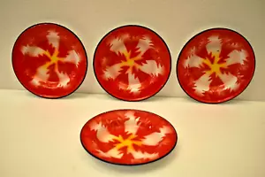 Vintage Enamelware Plates Set of 4 Red Starburst Pattern Rustic Kitchen Decor - Picture 1 of 7