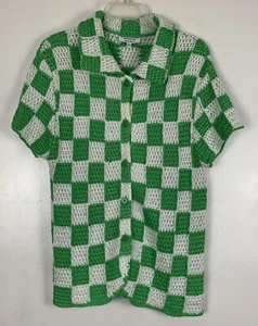 Frankies Bikinis Crochet Sweater Cardigan Cover-Up S Green White Checkered - Picture 1 of 13