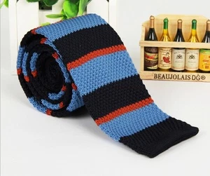 Men's Sky Blue Striped Knit Knitted Tie Necktie Narrow Slim Skinny Wove ZZLD313 - Picture 1 of 2