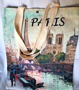 Reusable Shopping Tote Bag Market Paris Theme 16” X 13” Canvas Eiffel tower - Picture 1 of 5