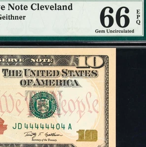 7 of Kind NEAR SOLID # 44444440 Consecutive Fancy Binary serial # PMG 66 EPQ $10 - Picture 1 of 3