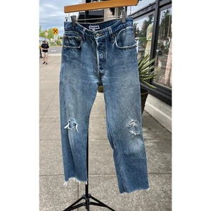 LEVI'S RE/DONE Talla Pantalones de mezclilla 26 azules dobladillo crudo 5 botones desgastados - Imagen 1 de 13