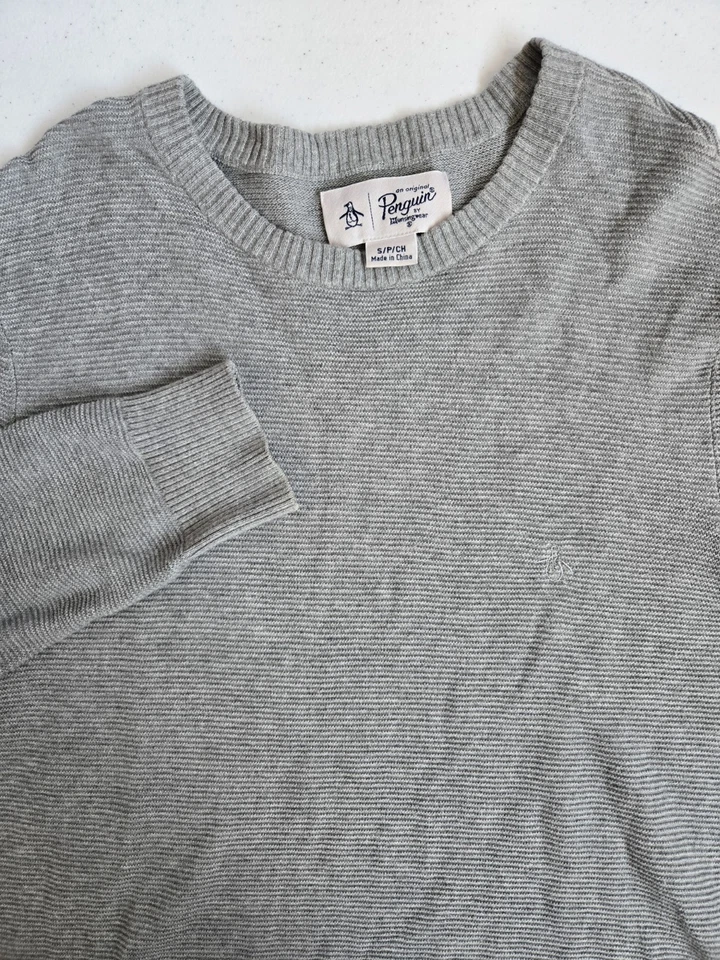 Penguin by Munsingwear 男式 S 浅灰色紧身针织罗纹圆领 LS 毛衣 — 第 1/4 张图片