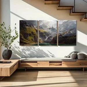 Arte de pared valle de montaña con castillo místico 3 piezas lienzo enmarcado 50x70 cm - Imagen 1 de 3
